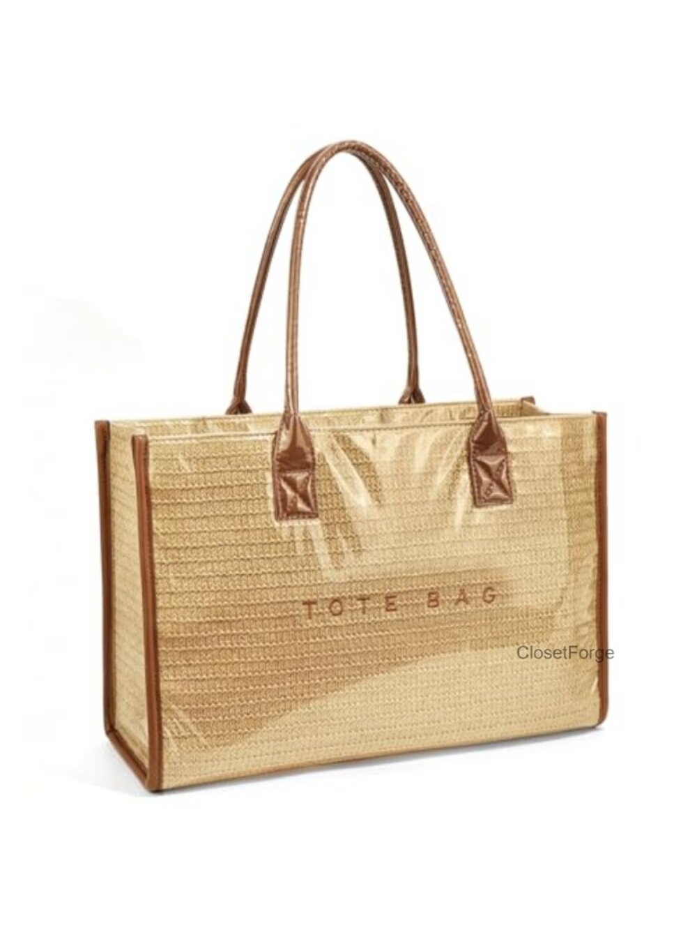 Waterproof PVC Tote Bag with Straw Woven Design, Clear Jelly Beach Bag Fits 16"